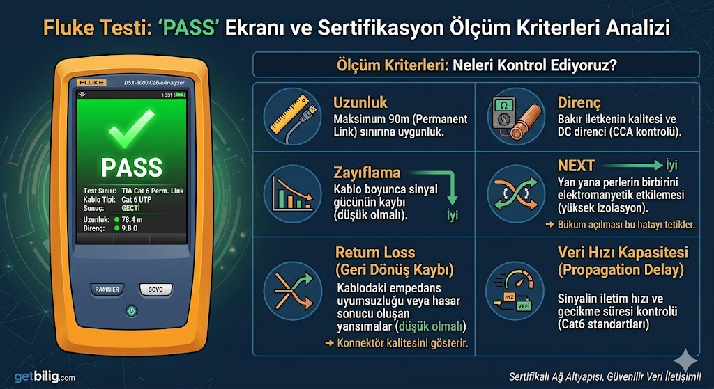 Yapısal Kablolama Terimleri: Cat6, Keystone ve Fluke Testi 2 Fluke Test Cihazı PASS Grafik Ekranı ve Ölçüm Kriterleri