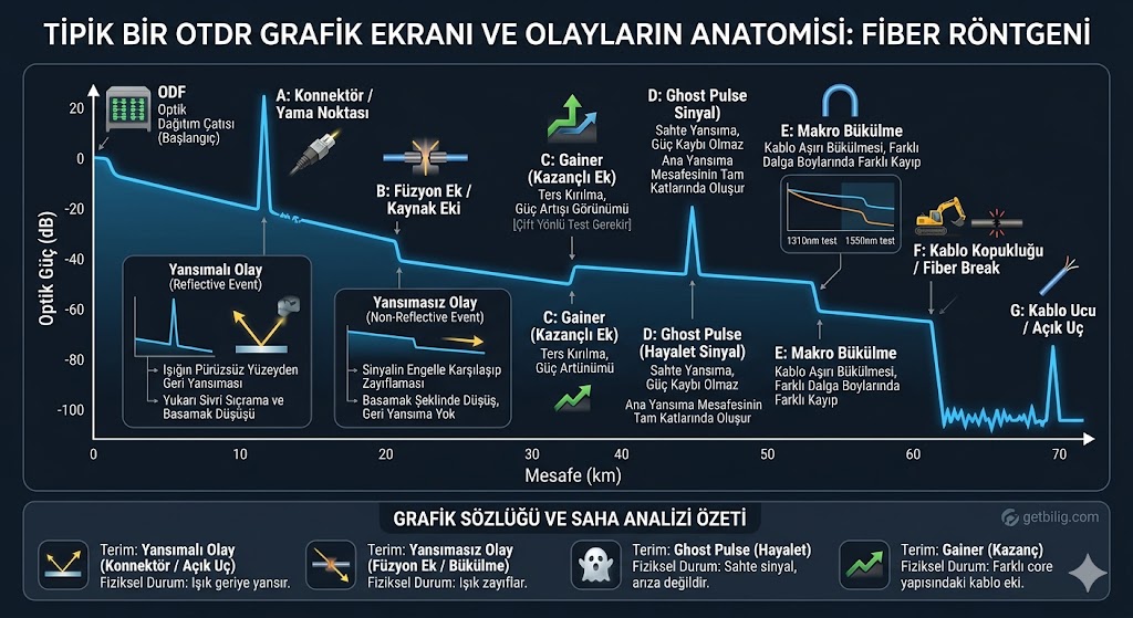 OTDR Grafiği Okuma Sözlüğü: Event, Ghost Pulse ve Kayıp Nedir? 1 Tipik Bir OTDR Grafik Ekranı, Yansımalı ve Yansımasız Olayların Anatomisi
