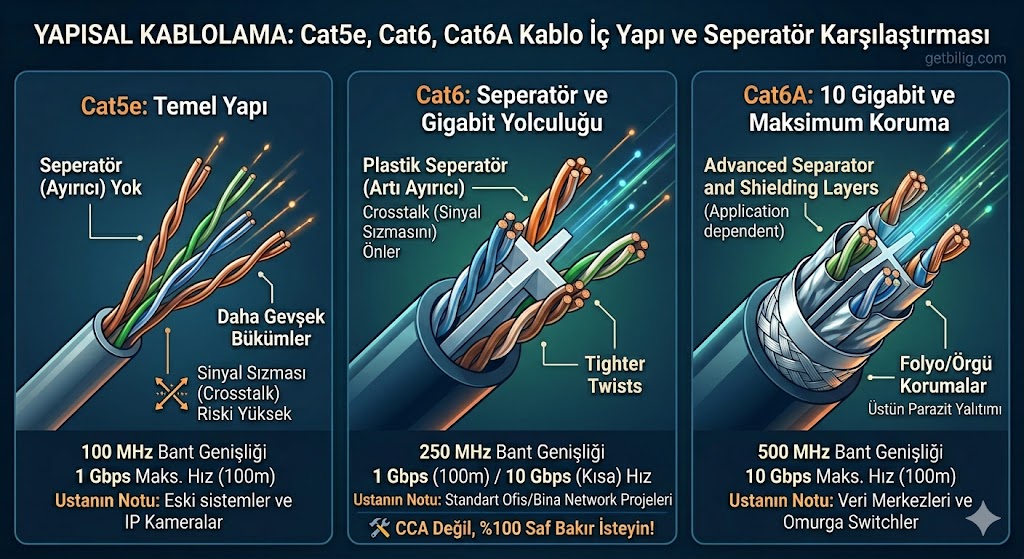 Yapısal Kablolama Terimleri: Cat6, Keystone ve Fluke Testi 1 Cat5e, Cat6 ve Cat6A Bakır Kesit ve Seperatör Farkı Görseli