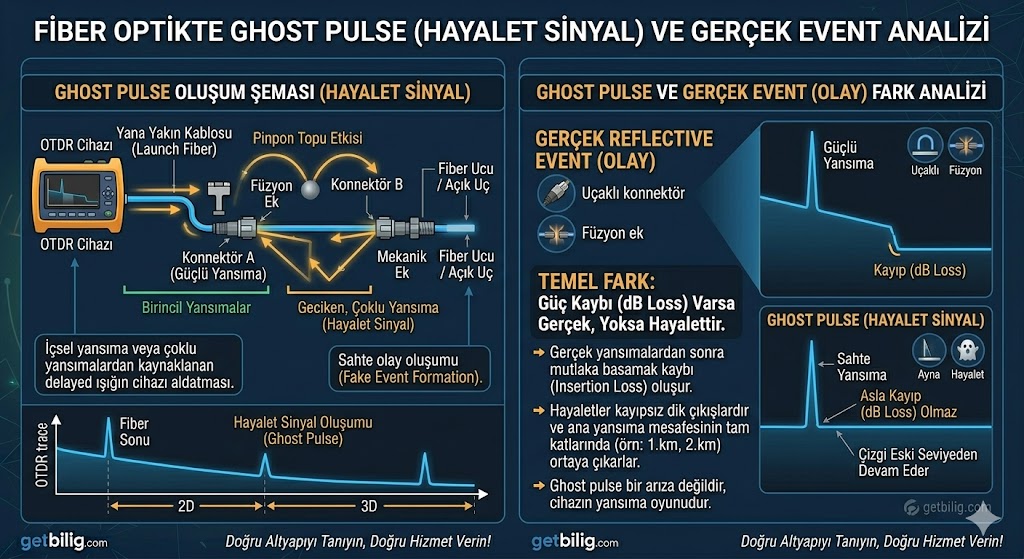 OTDR Grafiği Okuma Sözlüğü: Event, Ghost Pulse ve Kayıp Nedir? 2 Ghost Pulse (Hayalet Sinyal) Nedir? Grafik Teknisyenini Aldatan Tuzak