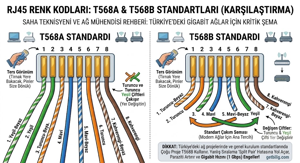 RJ45 Renk Kodları ve Standartları 1 Görsel 1: Sahanın en çok kullanılan T568B ve T568A protokollerinin RJ45 konnektör üzerindeki tam pin dizilimi karşılaştırması.